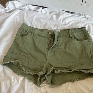 Olive Green Women's Frayed Hem Denim Shorts